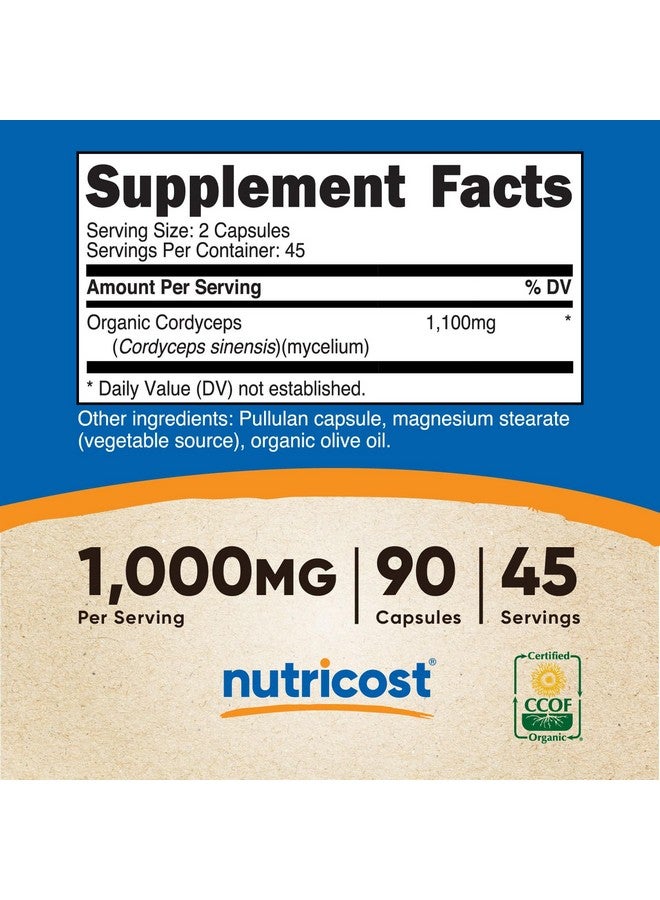 Nutricost كبسولات فطر الكورديسيبس من نوتريكوست 1100 ملغ، 45 حصة - معتمد من CCOF مصنوع من مكونات عضوية، نباتي، خالي من الغلوتين، 550 ملغ لكل كبسولة (90 كبسولة) - Image 2