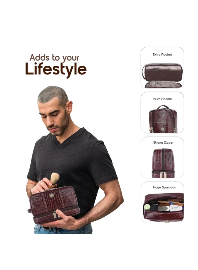 Hammonds Flycatcher  Leather Toiletry Bag for Men and Women Cosmetic Organizer Bag, Travel Organizer Pouch, Shaving Kit Bag for Men Toiletry Pouch for Men with Multiple Pockets - Croc Brown  | Best Price UAE