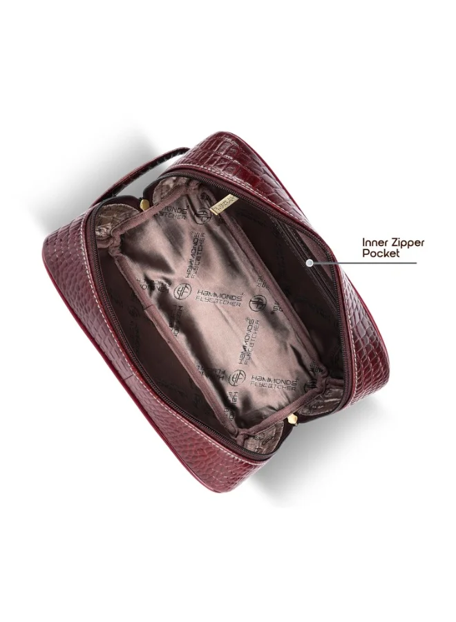 Hammonds Flycatcher  Leather Toiletry Bag for Men and Women Cosmetic Organizer Bag, Travel Organizer Pouch, Shaving Kit Bag for Men Toiletry Pouch for Men with Multiple Pockets - Croc Brown  | Best Price UAE