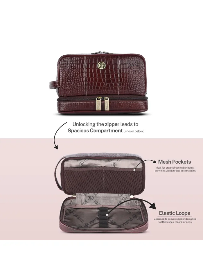 Hammonds Flycatcher  Leather Toiletry Bag for Men and Women Cosmetic Organizer Bag, Travel Organizer Pouch, Shaving Kit Bag for Men Toiletry Pouch for Men with Multiple Pockets - Croc Brown  | Best Price UAE