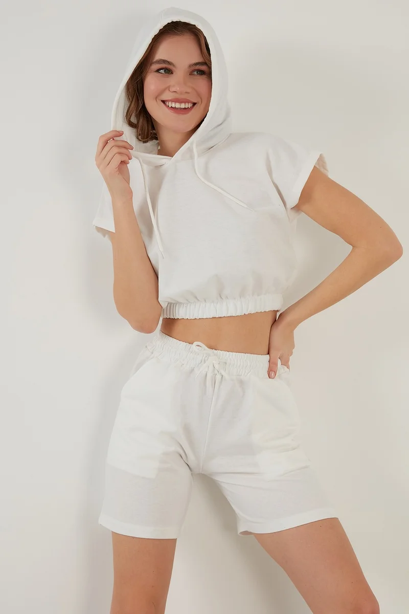 ليلا Cotton Hooded Crop Top and Bottom Set with Pockets Women's Set 5864922