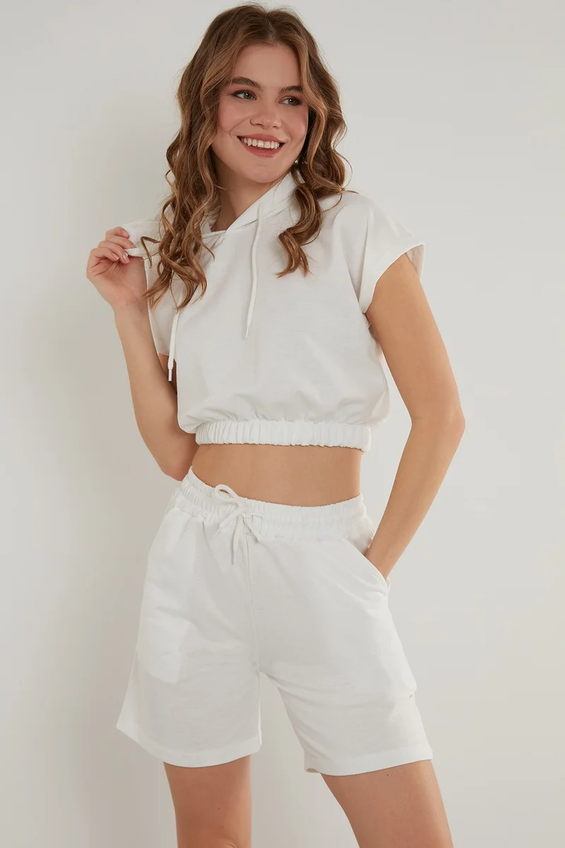 ليلا Cotton Hooded Crop Top and Bottom Set with Pockets Women's Set 5864922