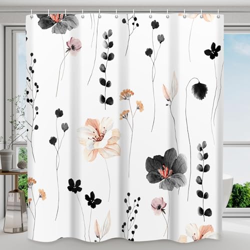 WITHLOC Waterproof Shower Curtain Set with Hooks - Watercolor Black Floral Plant Shower Curtains for Bathroom, 72 x 72 - Image 1