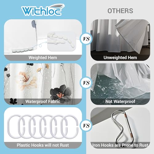 WITHLOC Waterproof Shower Curtain Set with Hooks - Watercolor Black Floral Plant Shower Curtains for Bathroom, 72 x 72 - Image 2