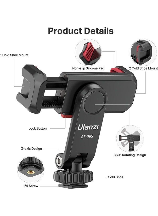ULANZI ST-06S Phone Tripod Mount, Universal Smartphone Mount Adapter with 2 Cold Shoe, 360° Rotates Adjustable Cell Phone Clip Clamp Holder, Compatible with iPhone, Samsung Galaxy and All Phones - Image 5