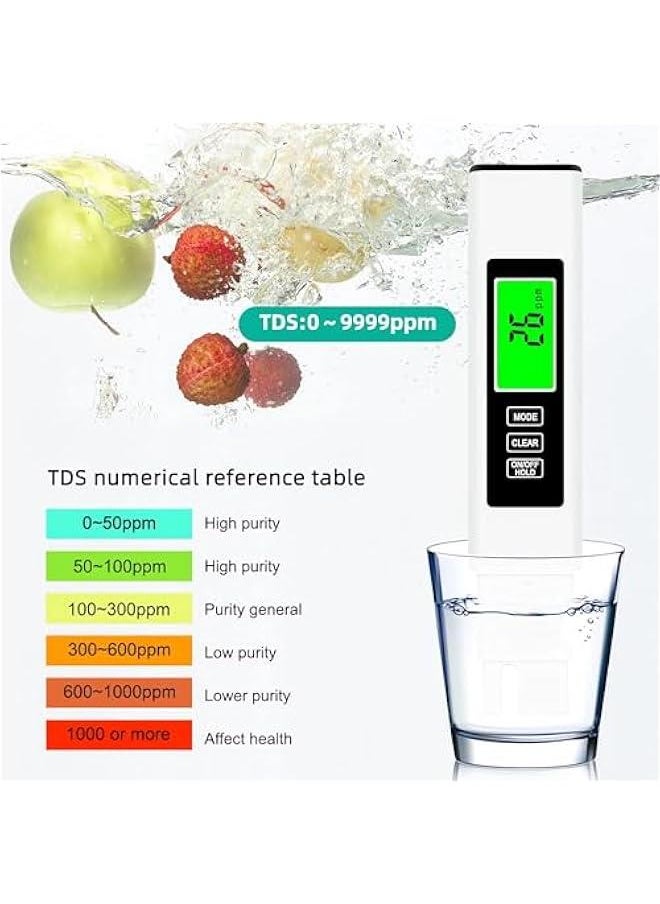 TDS Meter Digital Water Quality Tester,EC Meter & Temperature Meter 4 in 1,for Ro-Rodi System Drinking Water,Water Quality Tester 0-9990 PPM Measuring Range,1 PPM Increments（White）