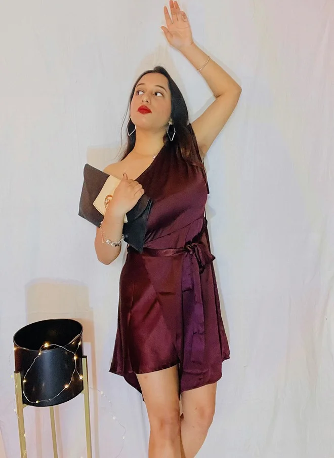 STREET 9 Burgundy One-Shoulder Fit and Flare Dress for Women