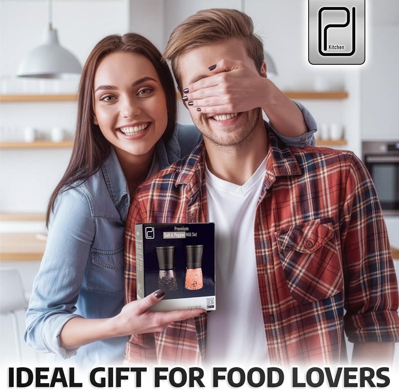 PJCKitchen مجموعة مطحنة الملح والفلفل الفاخرة مع حامل من الخيزران - سعة 5 أونصات، من الفولاذ المقاوم للصدأ بلون البرونز الأسود - أوعية تحريك التوابل S&P - مطحنة يدوية قابلة لإعادة التعبئة ويمكن تعديل درجة خشونتها للتوابل والنكهات - من PJC-Kitchen - Image 5