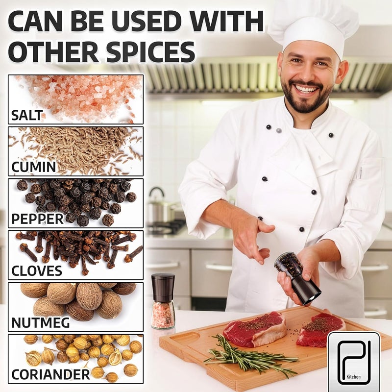 PJCKitchen مجموعة مطحنة الملح والفلفل الفاخرة مع حامل من الخيزران - سعة 5 أونصات، من الفولاذ المقاوم للصدأ بلون البرونز الأسود - أوعية تحريك التوابل S&P - مطحنة يدوية قابلة لإعادة التعبئة ويمكن تعديل درجة خشونتها للتوابل والنكهات - من PJC-Kitchen - Image 4