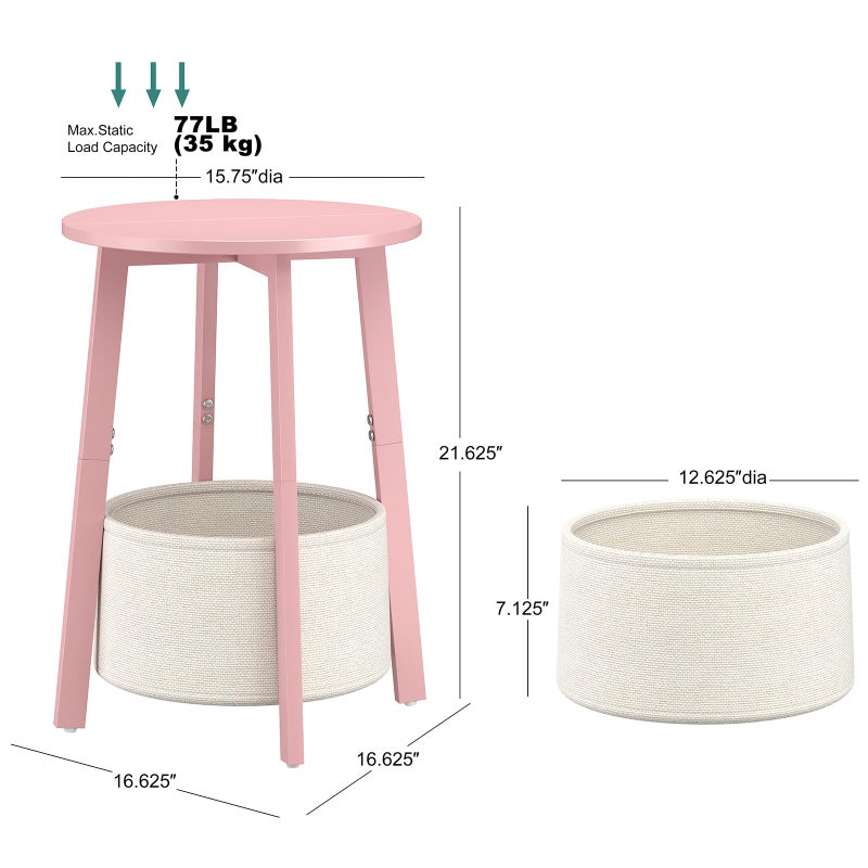 sthmec Small Round Side End Table with Cloth Storage Basket, Round Bedside Sofa Couch Coffee Tables for Small Places with Metal Frame, Modern Nighstands for Living Room Bedroom, Pink - Image 3