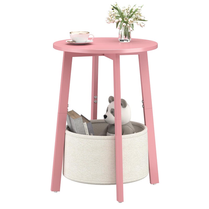 sthmec Small Round Side End Table with Cloth Storage Basket, Round Bedside Sofa Couch Coffee Tables for Small Places with Metal Frame, Modern Nighstands for Living Room Bedroom, Pink - Image 1