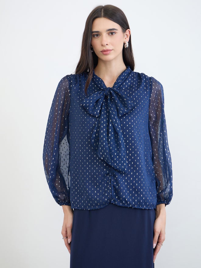 Styli Navy Blue Lurex Dot Tie-Up Neck Blouse - Image 3
