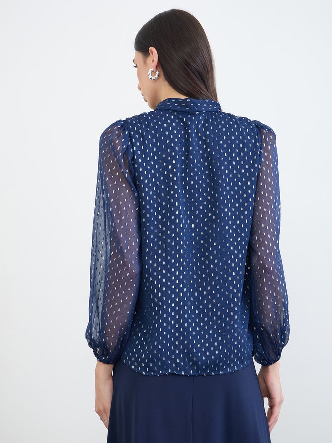 Styli Navy Blue Lurex Dot Tie-Up Neck Blouse - Image 5