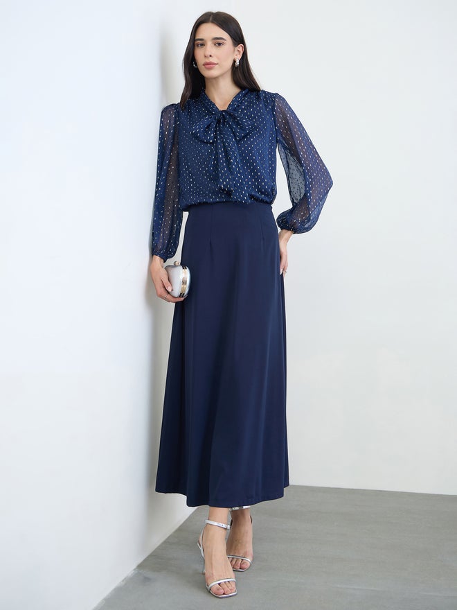 Styli Navy Blue Lurex Dot Tie-Up Neck Blouse - Image 2
