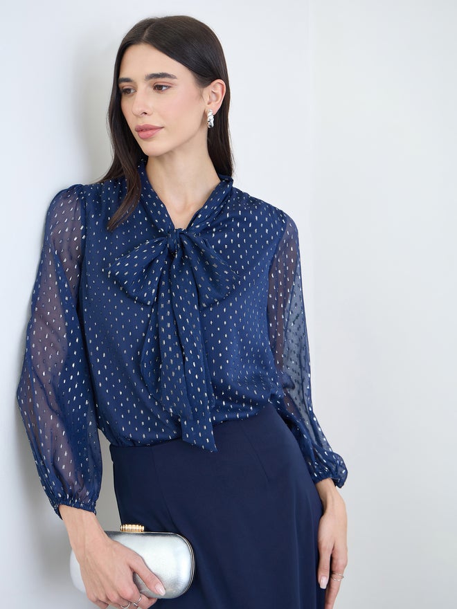 Styli Navy Blue Lurex Dot Tie-Up Neck Blouse - Image 1