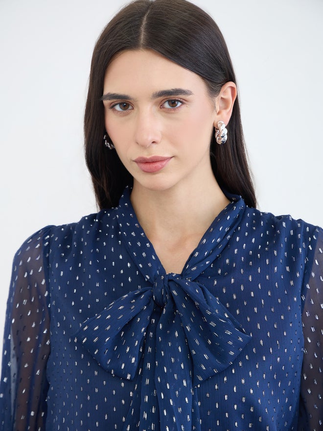 Styli Navy Blue Lurex Dot Tie-Up Neck Blouse - Image 4