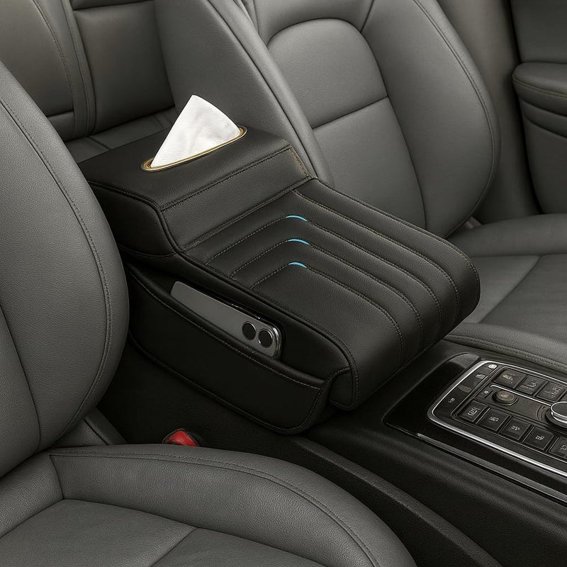 MUTURQ Car Armrest Cushion, Comfortable Car Armrest with Premium Leather Cushion and Tissue Box - Suitable for All Cars, Car Armrest Cushion for Interior Comfort and Luxury (Black M-01) - Image 1
