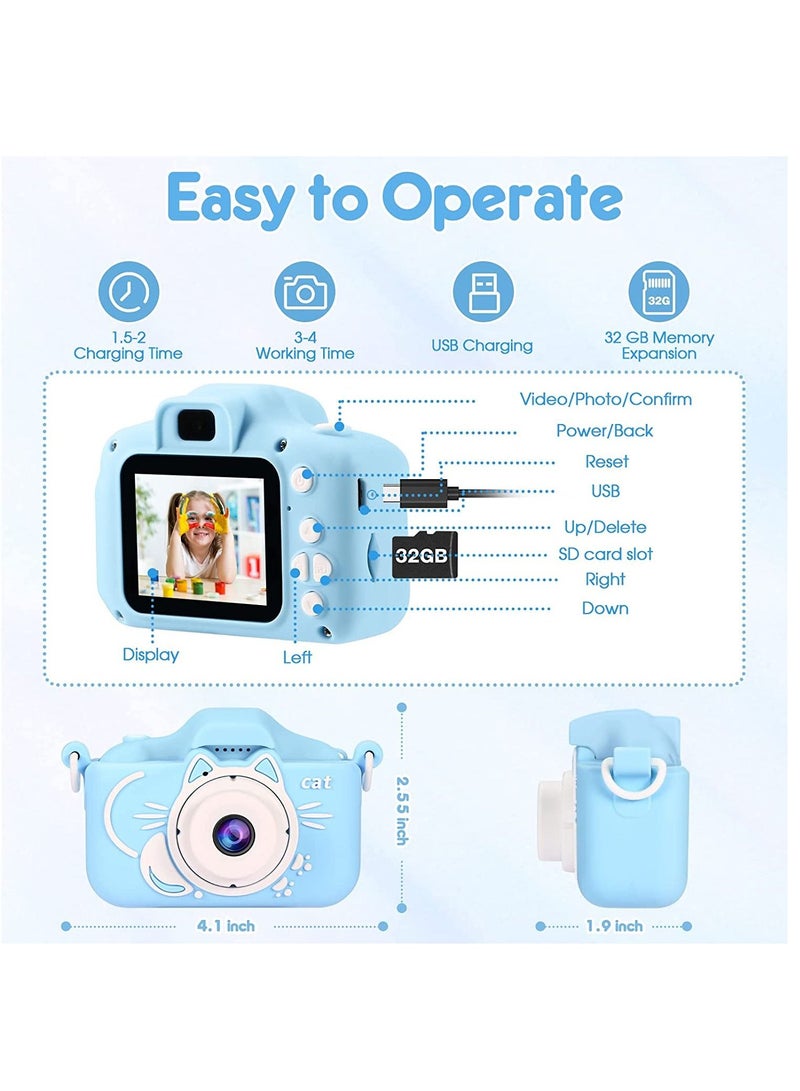 Mini Camera Toys Kids Digital Cute Cat X5S Camera 1080P Video Camera 2000W Dual Lens with 32G Card USB Card Reader Gift for Boys Girls (Blue) - Image 3