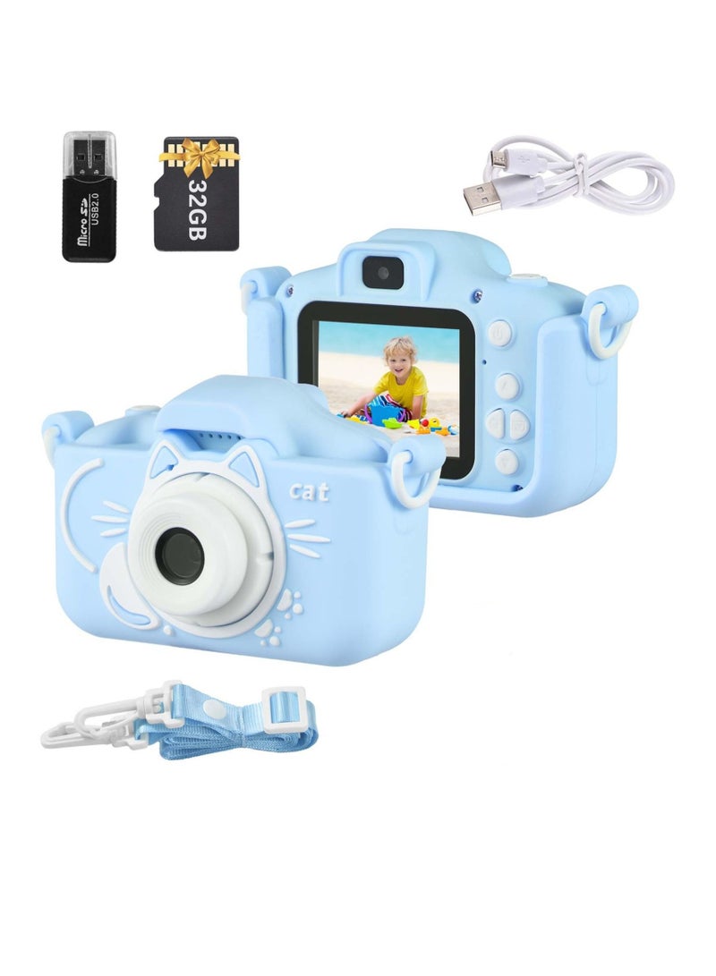Mini Camera Toys Kids Digital Cute Cat X5S Camera 1080P Video Camera 2000W Dual Lens with 32G Card USB Card Reader Gift for Boys Girls (Blue) - Image 1