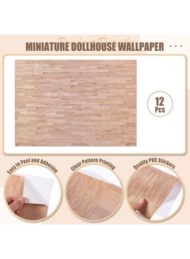 FOBSME 12 Sheets Miniature Dollhouse Wallpaper and Flooring Mini Dollhouse Floorboards Wall Paper Self-Adhesive Flooring Wall Tiles 8.27 x 11.69 Inch Mini DIY Dollhouses Accessories, Natural Style - Image 3
