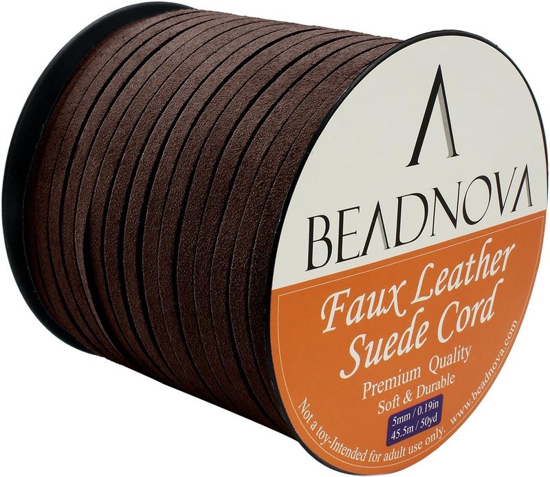 BEADNOVA حبل جلد صناعي مسطح 5 مم من BEADNOVA، لفة بطول 50 ياردة لصنع القلائد والأساور والمجوهرات، بني داكن - Image 2