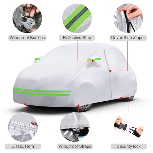 SPORTULI Waterproof Car Covers Replace for 2007-2024 Fiat 500/500C, 6 Layers Silver All Weather Car Cover with Zipper Door & Windproof Bands for Snow Rain Dust Protection - Image 2