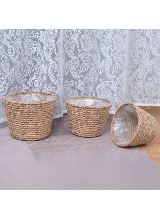 SKT Shiketro Three-pack Woven Straw Flower Basket (Small Medium Large)  Indoor Woven Flower Pot Decoration  Laundry Basket Household Flower Pot Leak-proof Plastic Lining, Indoor And Outdoor Garden Decoration - Image 2