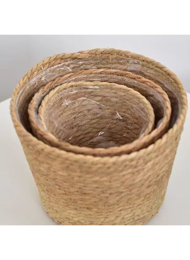 SKT Shiketro Three-pack Woven Straw Flower Basket (Small Medium Large)  Indoor Woven Flower Pot Decoration  Laundry Basket Household Flower Pot Leak-proof Plastic Lining, Indoor And Outdoor Garden Decoration - Image 3
