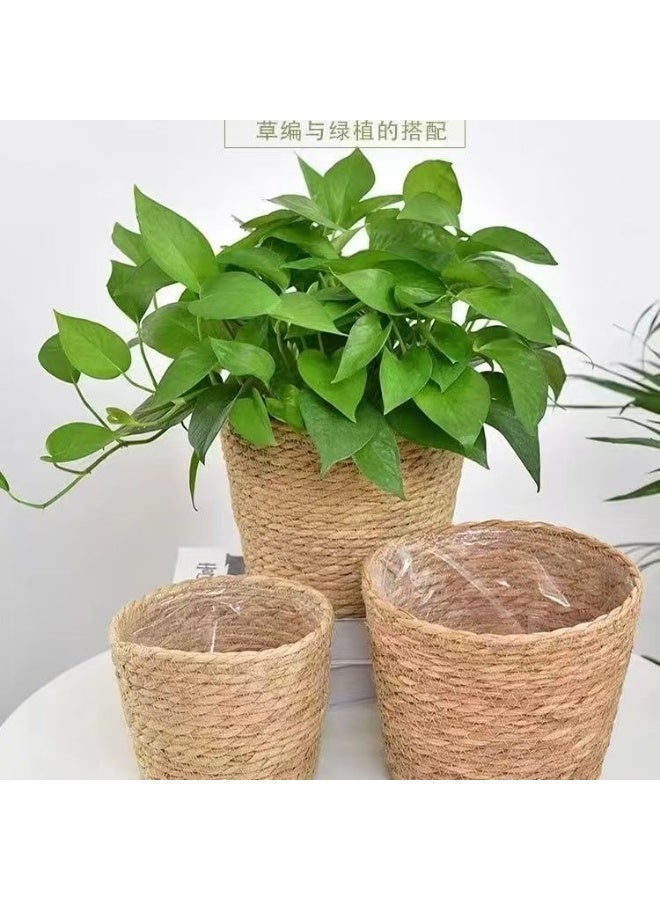 SKT Shiketro Three-pack Woven Straw Flower Basket (Small Medium Large)  Indoor Woven Flower Pot Decoration  Laundry Basket Household Flower Pot Leak-proof Plastic Lining, Indoor And Outdoor Garden Decoration - Image 4