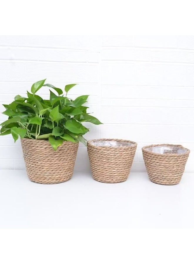 SKT Shiketro Three-pack Woven Straw Flower Basket (Small Medium Large)  Indoor Woven Flower Pot Decoration  Laundry Basket Household Flower Pot Leak-proof Plastic Lining, Indoor And Outdoor Garden Decoration - Image 5