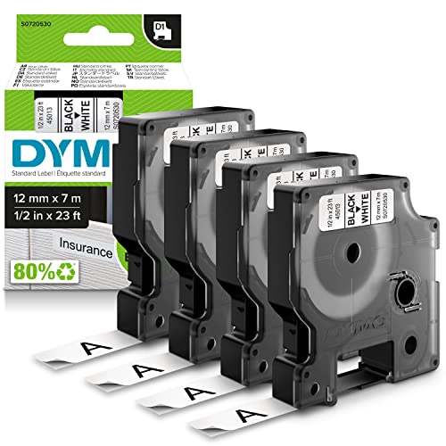 DYMO D1 Labels for LabelManager Label Makers, Black Print on White, 1/2-Inch x 23-Foot Rolls, Self-Adhesive, 4 Count - Image 1