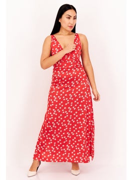 Women Floral Print Maxi Dress, Red