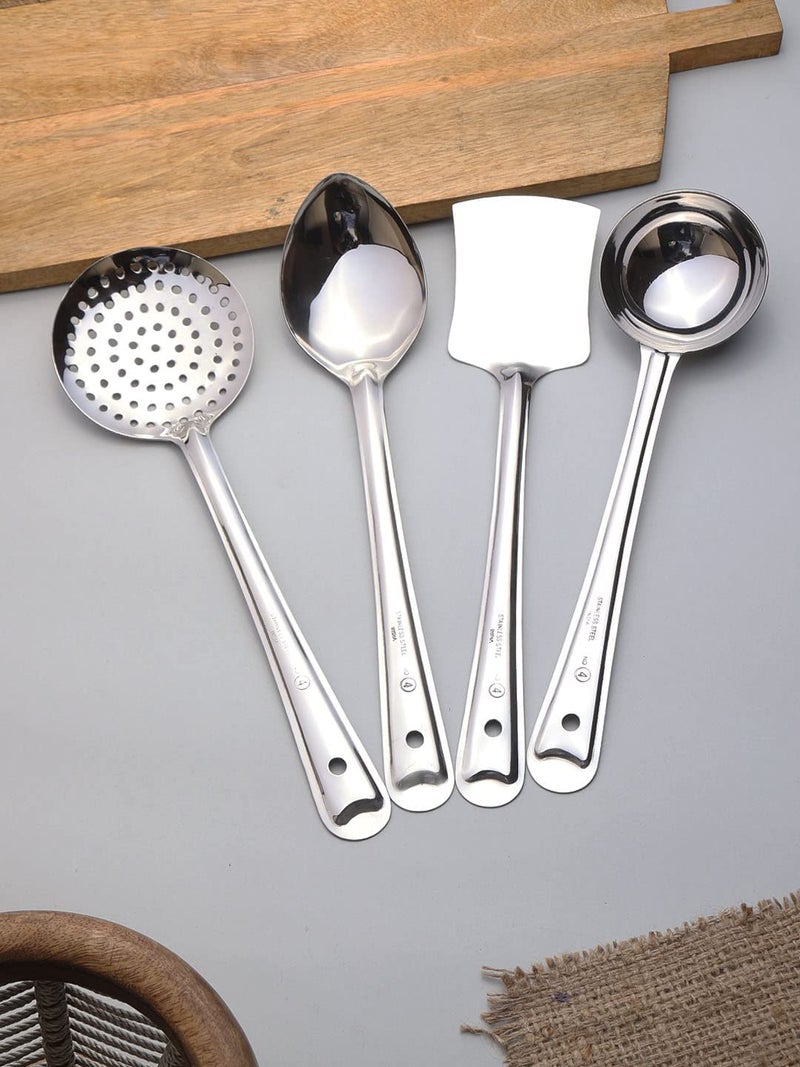 PUTHAK Kitchen Tools Stainless Steel Heavy Gauge Non-Stick 4 Piece Set of Ladle (Karchhi), Skimmer (Jhara), Solid Spoon (Chamcha) and Slotted Turner/Spatula (Palta) for Cooking/Frying/Stirring/Basting - Image 1
