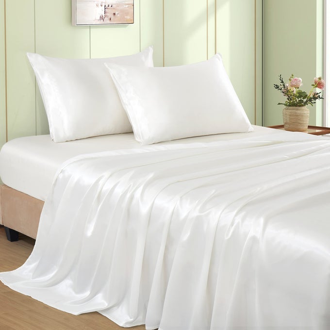 4PCS IVORY WHITE SATIN SHEETS QUEEN SIZE BED SET 15 INCH DEEP POCKET SILKY SATIN SHEET SET SOFT SATIN BEDDING SET COOLING LUXURY BED SHEETS 1 FITTED SHEET 1 FLAT SHEET 2 PILLOWCASES