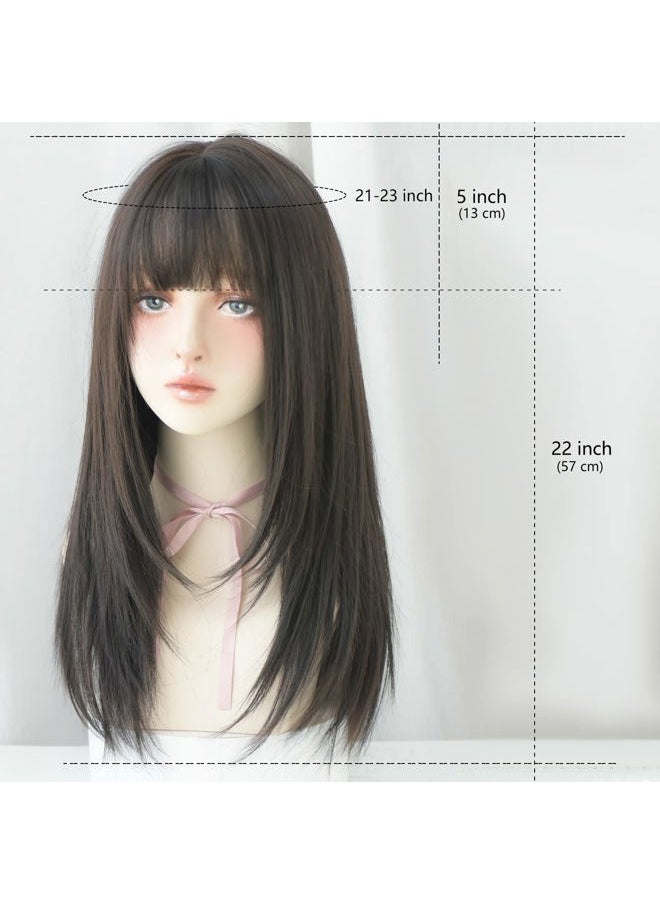 7JHH WIGS Black Wigs with Bangs Synthetic Dark Brown Wig Long Straight Wig for Women Party and cosplay wig (23" Natural Black NEW  - Image 2