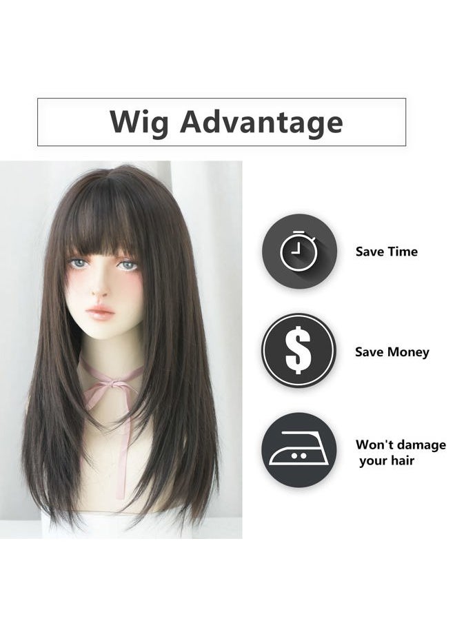 7JHH WIGS Black Wigs with Bangs Synthetic Dark Brown Wig Long Straight Wig for Women Party and cosplay wig (23" Natural Black NEW  - Image 5