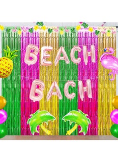 Asonlye Luau Hawaiian Party Decorations Flamingo Party Decorations Green Rose Red And Yellow Foil Fringe Backdrop Beach Bachelorette Streamer For Tropical Hawaiian Aloha Party Decorations(3 Pack)  - Image 3