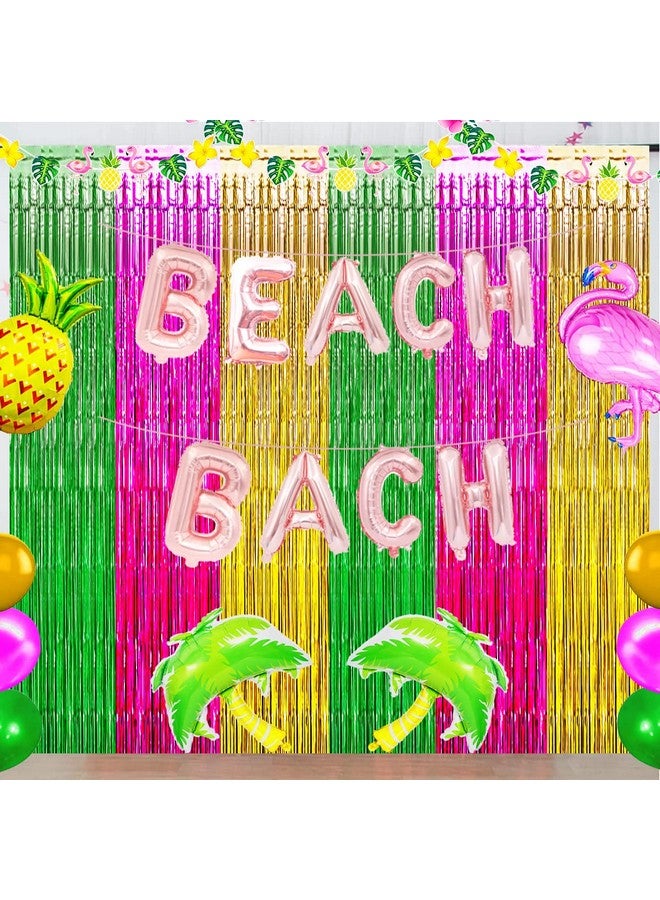 Asonlye Luau Hawaiian Party Decorations Flamingo Party Decorations Green Rose Red And Yellow Foil Fringe Backdrop Beach Bachelorette Streamer For Tropical Hawaiian Aloha Party Decorations(3 Pack) - Image 3
