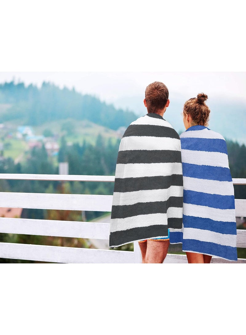 Fabienne 2-Pc 100% Cotton Beach Towels 30x60 Inch Cabana Stripe Pool Towels Cotton Bath Sheets 76x152 cm Highly Absorbent & Quick Dry Over-Sized Bath Towels Blue/Dark Grey - Image 2