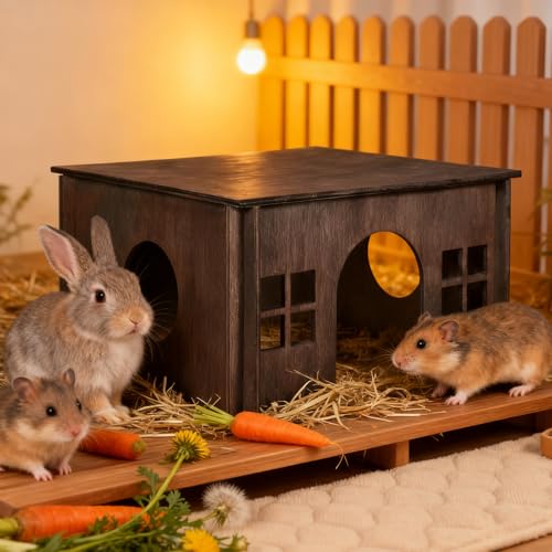 WHEARTED Wooden Guinea Pig Hideout, Guinea Pig House Small Rabbit Hideout with Multiple Windows, Small Animal House Bunny House Hideaway Castle Habitat for Guinea Pigs, Hamster, Chinchilla - Image 4