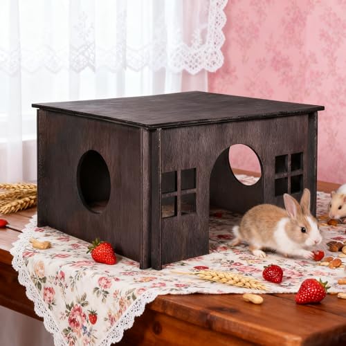 WHEARTED Wooden Guinea Pig Hideout, Guinea Pig House Small Rabbit Hideout with Multiple Windows, Small Animal House Bunny House Hideaway Castle Habitat for Guinea Pigs, Hamster, Chinchilla - Image 3