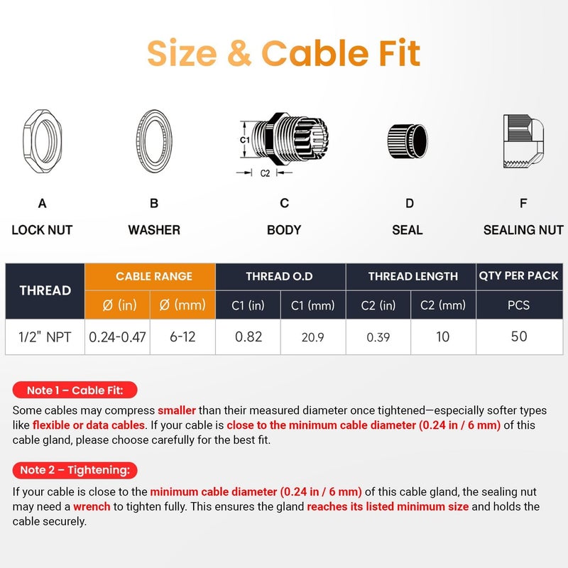 QILIPSU 50pcs 1/2" NPT Cable Gland Waterproof IP68 Nylon Cable Pass Through Cord Grip Connector Strain Relief Wire Grommet - Image 5