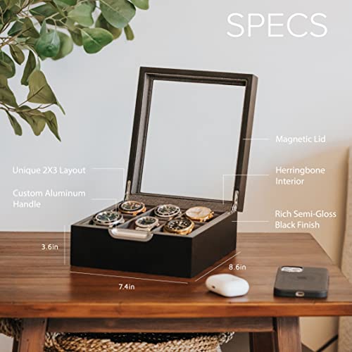 CASE ELEGANCE Watch Box Modern 2x3 Black Finish with Custom Aluminum Handle 6-Slot with Real Glass - Image 2