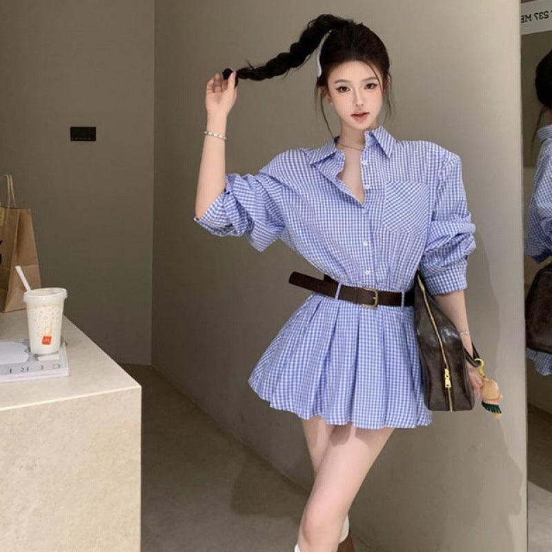 College style blue and white plaid shirt dress womens early autumn long sleeve shoulder pad A- line short skirt high waist pleated skirt Blue and White Paid Skirt 