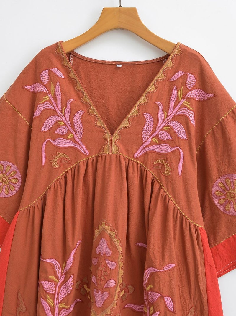 Joiemont Womens Oversized Embroidered Dress with V-Neck and 3/4 Sleeves Vintage Embroidery Babydoll Dress(0603-MochaRed-S) - Image 3
