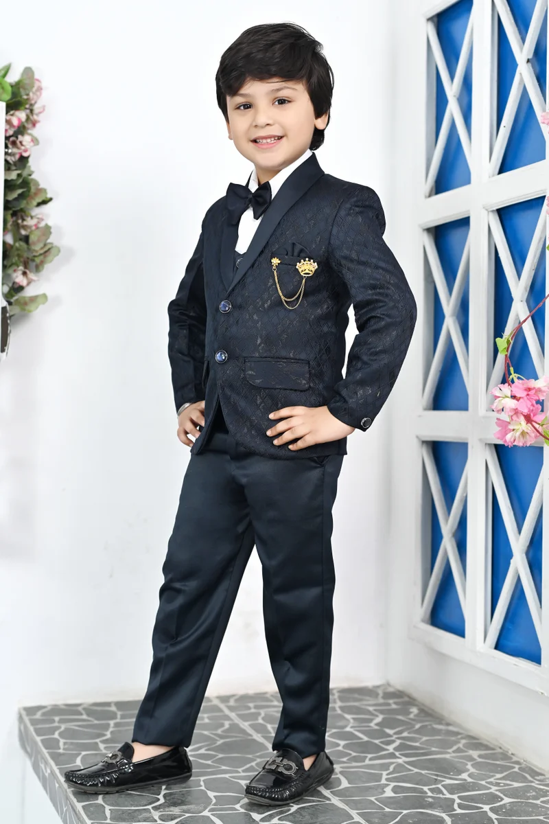 BT DEZINES Boys Dark Blue 5-Piece Suit Set for Weddings