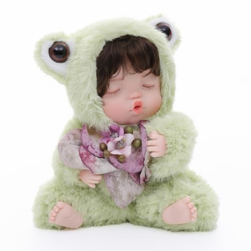Cloveray Reborn Baby Doll 10 Inch Realistic Vinyl Sleeping Girl in Soft Green Frog Outfit Comfort Doll Gift for Girls Collectors - Image 5