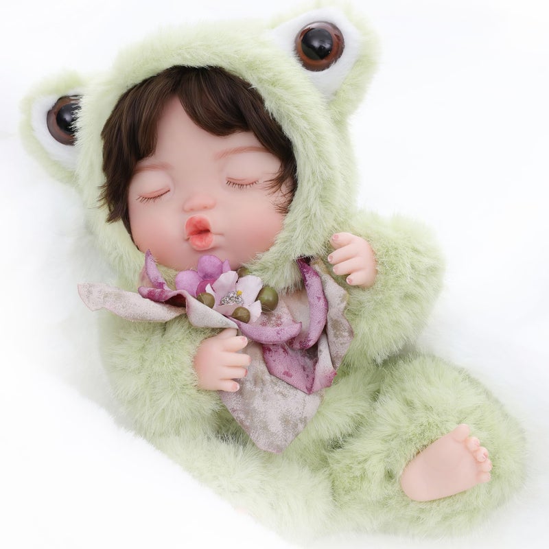 Cloveray Reborn Baby Doll 10 Inch Realistic Vinyl Sleeping Girl in Soft Green Frog Outfit Comfort Doll Gift for Girls Collectors - Image 3