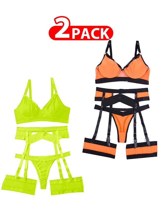 MARGOUN 2 Pack Medium Size Women Sheer Mesh Garter Lingerie Set Strappy Teddy Babydoll Bra and Panty with Leg Ring 4 Piece Lingerie Set - Image 1