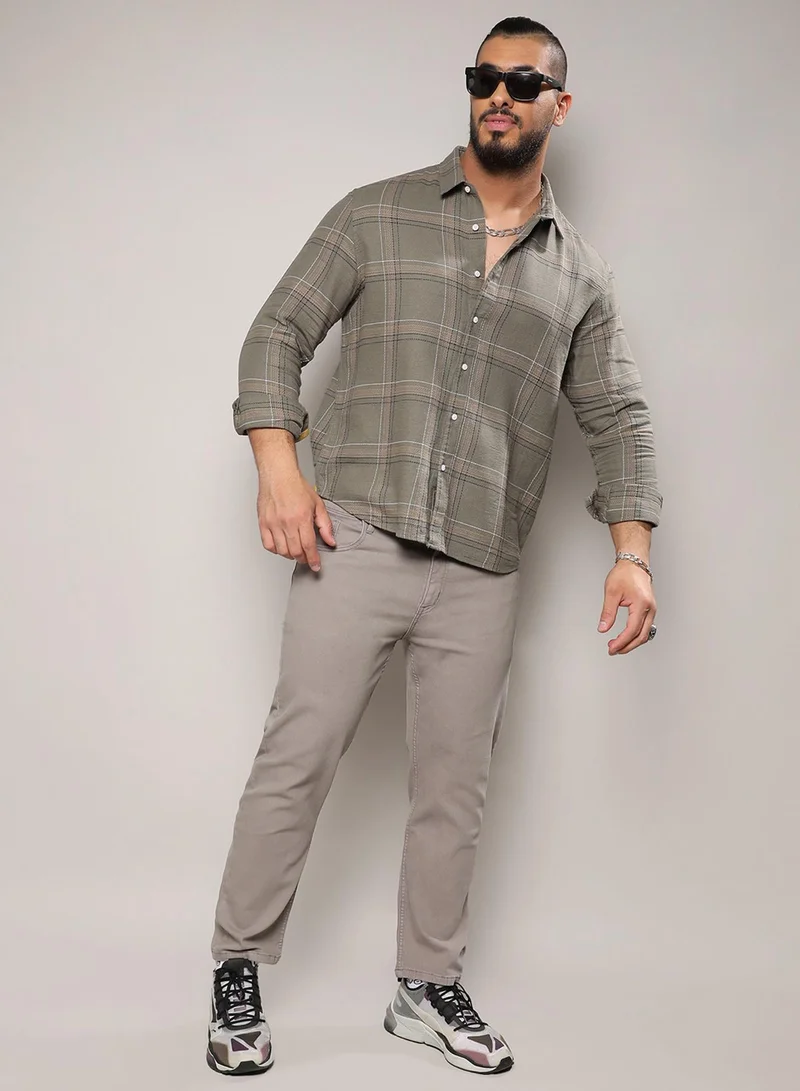 Instafab Plus Instafab Plus Men's Olive Green Maxi Tartan Plaid Shirt For Casual Wear | Spread Collar | Long Sleeve | Button Closure | Cotton Shirt Crafted With Comfort Fit For Everyday Wear